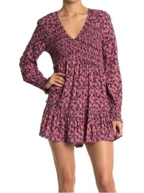 BeachLunchLounge Talia Earth Rose Long Sleeve Babydoll Mini Dress Medium